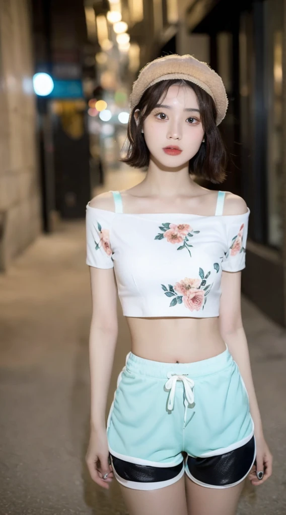 ((Best Quality, 8K, Masterpiece: 1.3)), (Flower Cap: 1.3), Focus: 1.2, Perfect Body Beauty: 1.4, Buttocks: 1.2, (Layered Haircut: 1.2)), (Dark Street: 1.3), Highly Detailed Face and Skin Texture, Full Body, Delicate Eyes, Double Eyelids, Whitened Skin, Long Hair, (Round Face: 1.5), (Loose Crop Top, Shorts: 1.6)