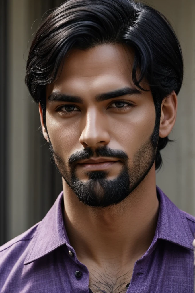 Man with handsome black hair hunter purple slanted eyes