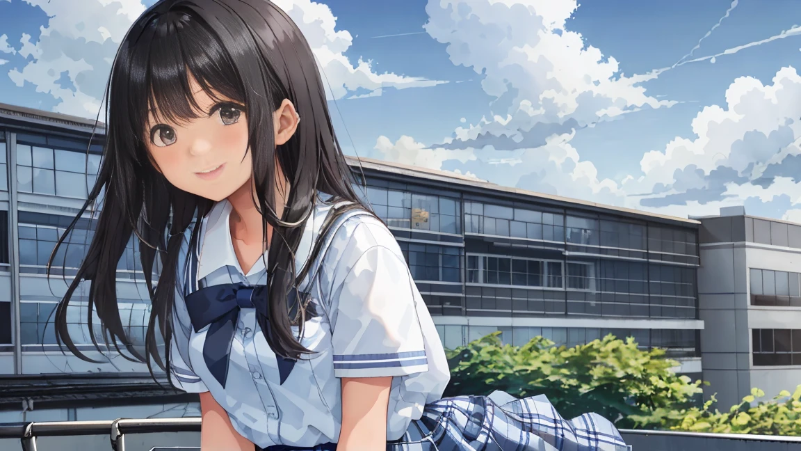 The background is a midsummer blue sky and cumulonimbus clouds、On the roof of the school building, a high school girl is standing in a summer uniform with a checked skirt, looking up at the sky with a refreshing smile that exudes the atmosphere of youth.、Her hairstyle is long black hair
