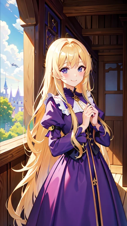 masterpiece, Highest quality, High resolution,Follow the prompts、Long blonde、Rapunzel in the Tower、Purple Dress、、smile、cute