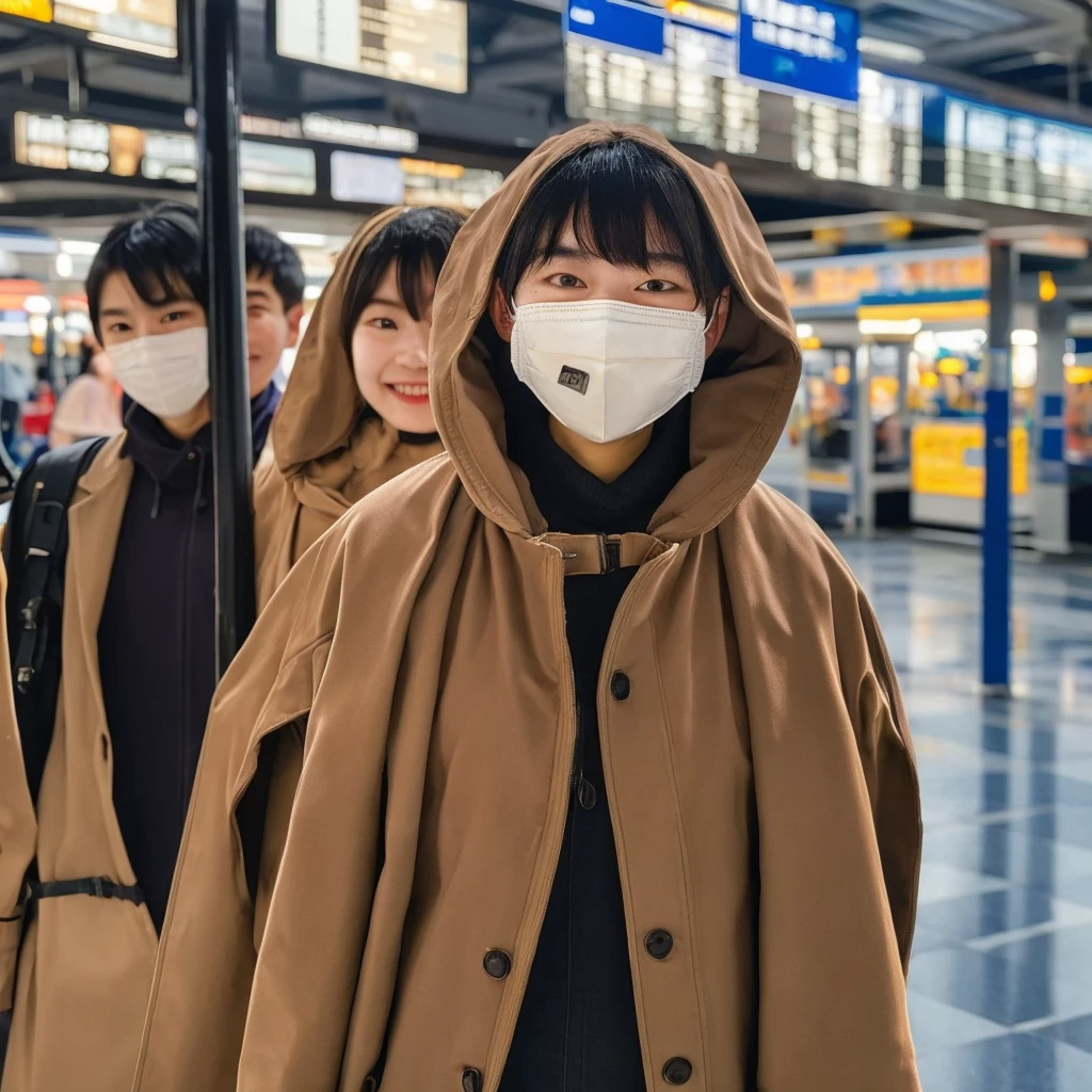 1girl, mouth mask, coat, open coat, nude, smile, pov, bangs, masterpiece, best quality, ultra quality, high quality, realistic, photo realistic, RAW photo, hyper detailed, intricate detailed, perfect anatomy, Fujifilm XT3, train station, multiple girls, multiple boys, train,