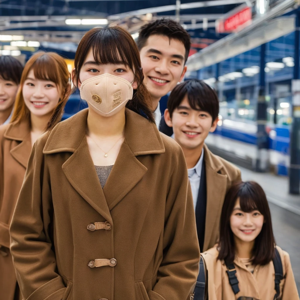 1girl, mouth mask, coat, open coat, nude, smile, pov, bangs, masterpiece, best quality, ultra quality, high quality, realistic, photo realistic, RAW photo, hyper detailed, intricate detailed, perfect anatomy, Fujifilm XT3, train station, multiple girls, multiple boys, train,