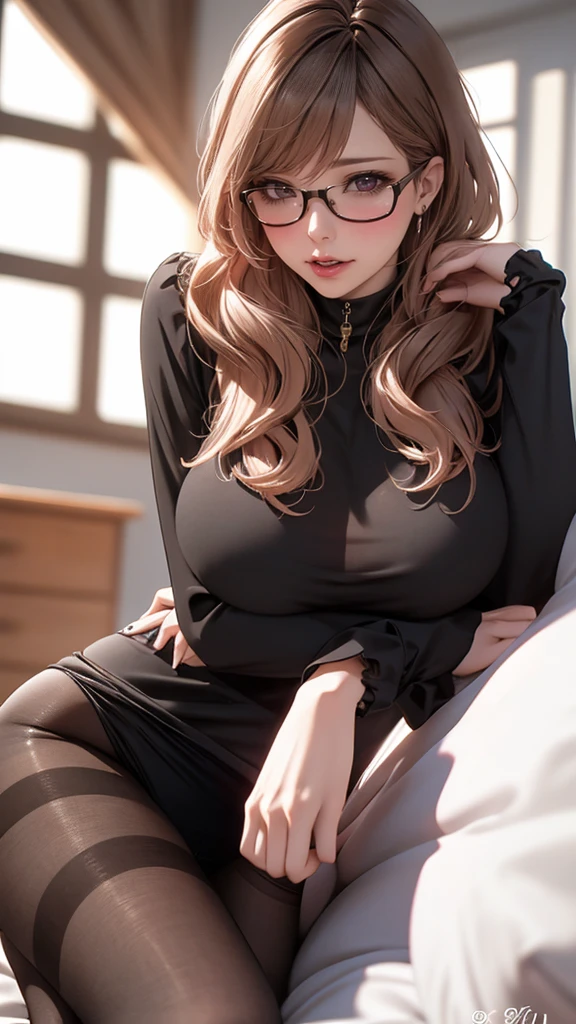 1woman,random office lady fashion,(Thin type),(large breasts),(random sexy pose),(random hairstyle),(Highest image quality,(8K), Ultra-realistic, Best Quality, High quality, High Definition, high quality texture, high detailing, Beautiful detailed, fine detailed, extremely details CG, Detailed texture, realistic representation of face, masterpiece, presence),(wearing glasses:1.2),black pantyhose