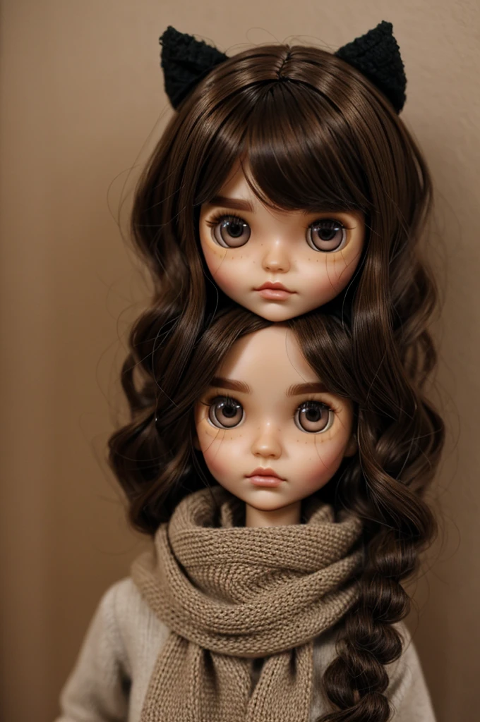 Blythe Doll with very short and messy ash-brown hair, brown eyes, a piercing in the nose (septum) and a black scarf accessory.