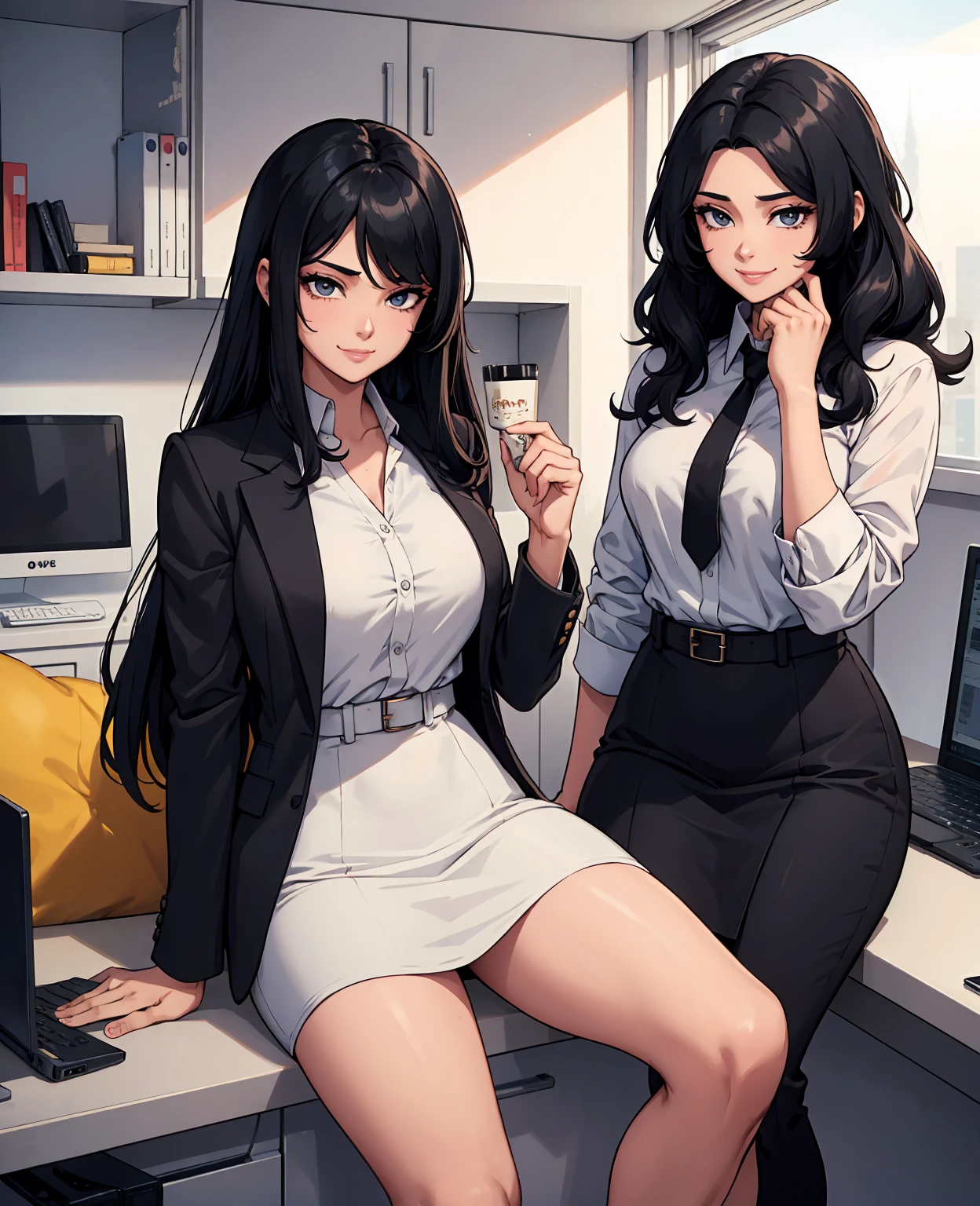 The male protagonist talks with a woman with black long hair professional clothes, the woman smiles and the picture is pleasant, in five luxurious offices