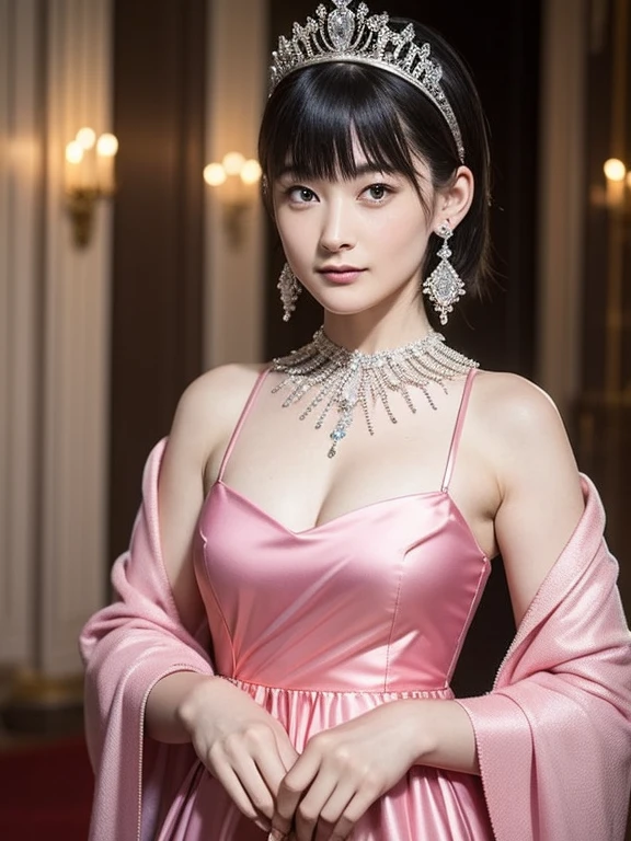 (Ultra-high resolution), (masterpiece), (Attention to detail), (high quality), (最high quality), ((Upper Body Shot)) , One Girl, Medieval women, ((Queen)), modern princess, Stylish dresses, Bobcut, simple tiara, Elegant Jewelry, Glittering earrings, Royal coat of arms, Refined beauty, Minimalist, Sense of luxury, Charisma, grace, Modern Palace, Crystal decoration, stylish ambiance