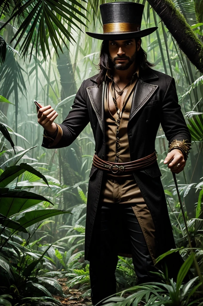 Create a magician who unleashes magical powers in a jungle setting