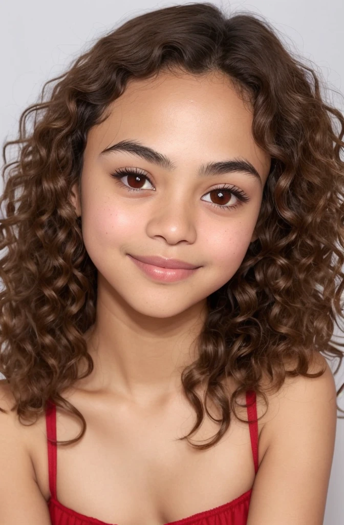 14 years, medium-sized circular almond-shaped eyes and dark brown, very thin complexion, small round lips , voluminous and fleshy, too curly hair , nose with a downward tip and a slightly wide forehead,totally straight eyebrows