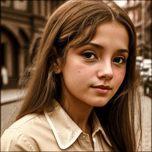 ((Retro sepia photo)), front:1.5, blurry and blurry, discolored sepia:1.2, (portrait красивой 12-летней девочки), Фото front, long hair, clear eyes, I look at the viewer, wear a blouse without a collar, breathtaking artistic photo: 1.2, portrait, evoking a sense of beauty
