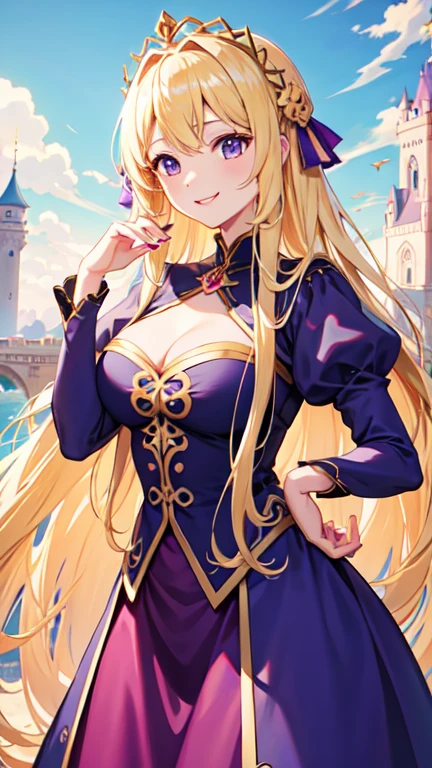 masterpiece, Highest quality, High resolution,Follow the prompts、Long blonde、Rapunzel in the Tower、Purple Dress、、smile、cute