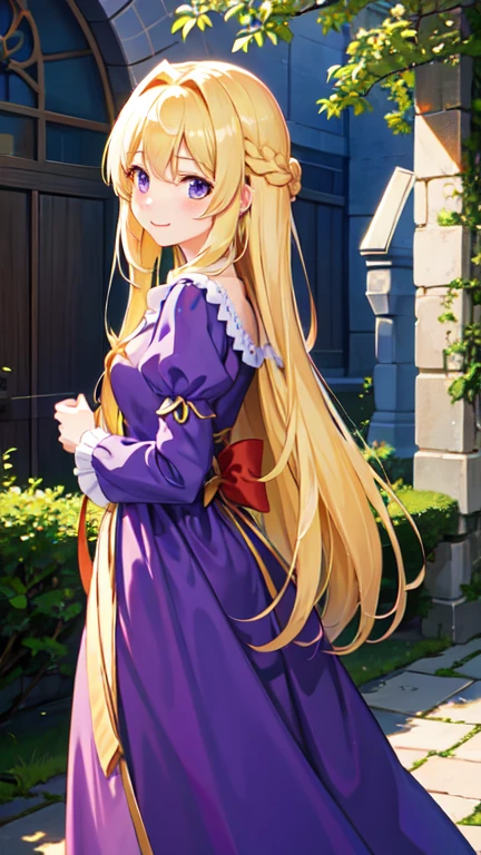 masterpiece, Highest quality, High resolution,Follow the prompts、Long blonde、Rapunzel in the Tower、Purple Dress、、smile、cute