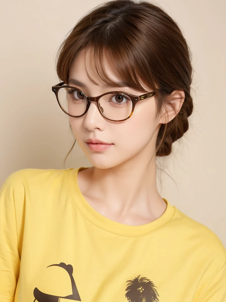 1girl, masterpiece, high_quality, yellow_shirt, glasses, brown_hair