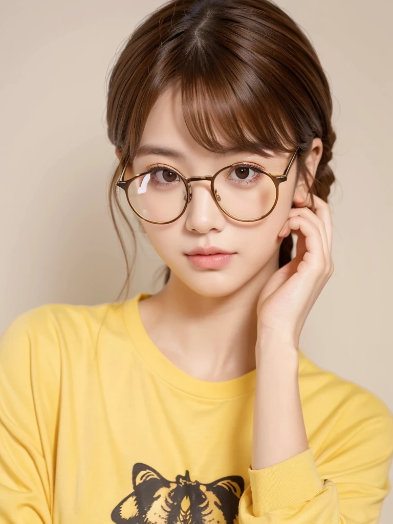 1girl, masterpiece, high_quality, yellow_shirt, glasses, brown_hair