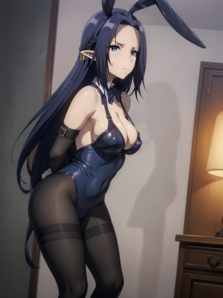 1girl, solo, suspension, down, rope, 1girl, bodysuit, bound arms, indoors, leotard, bdsm, shibari, arms behind back, restrained, navel, leaning forward, feet,dark blue hair,,long hair,blue eyes,pointy ears,elf(((skin exposure,bunny suit,bunny ears))),((intenseglare, disgust, shaded_face, shadow_over_eyes, glaring, looking down at the viewer))