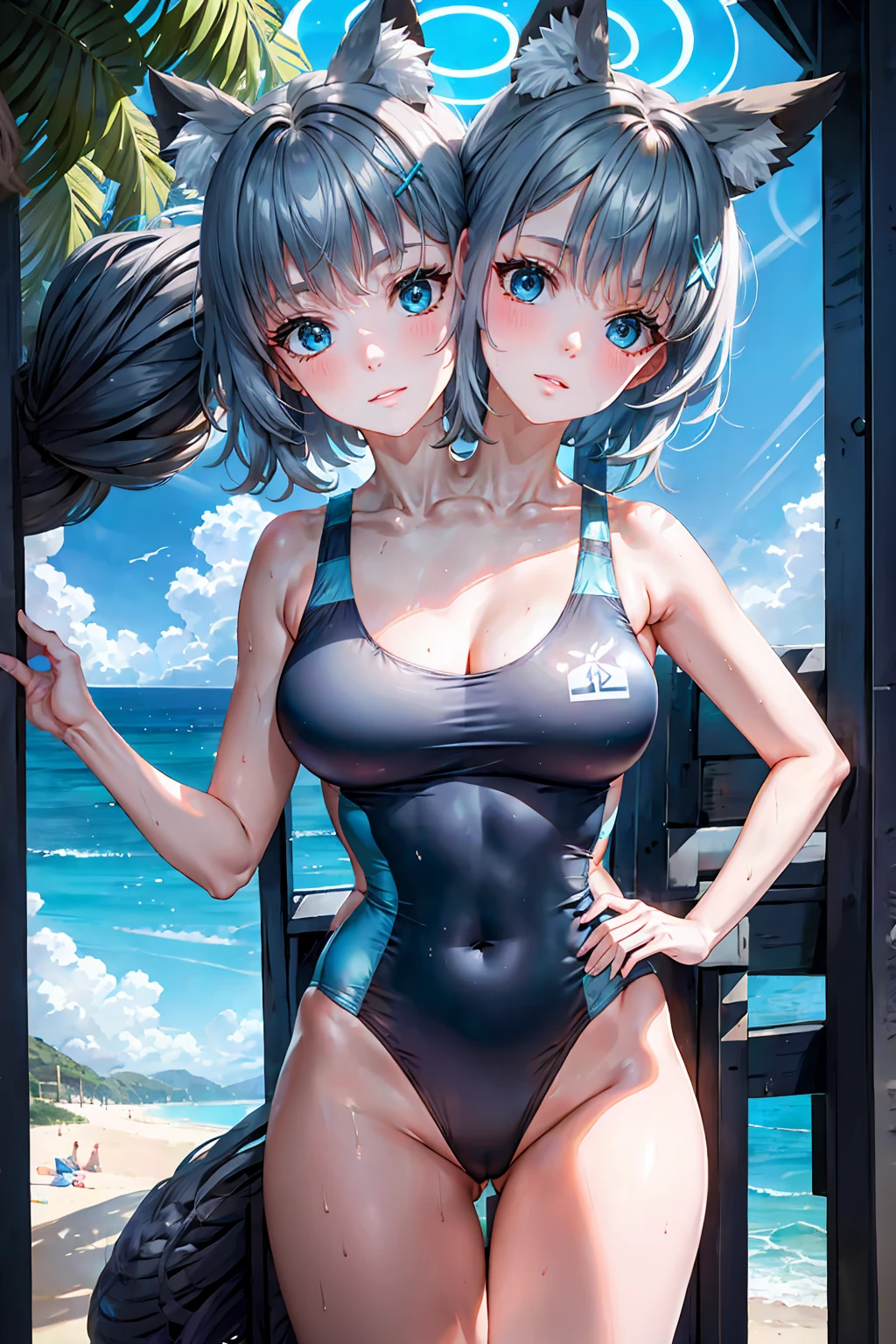 masterpiece,best quality,best resolusion,1 girl,2heads,shiroko character,detailed,conjoined twins,has two wolf ears on top of the head, has a round blue circle of light,short silver hair,blue hair ornament,blue eyes,wearing a tight dark blue women's swimsuit,normal breasts,beach background,beautiful face,beautiful eyes,beautiful body,beautiful hand,beautiful hair