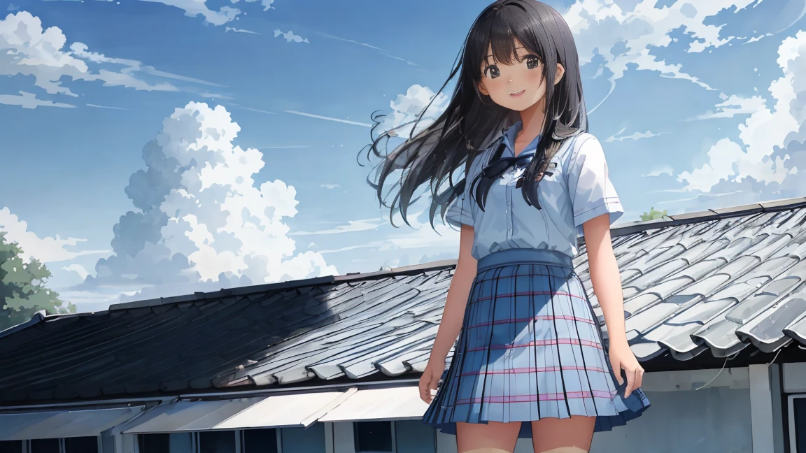 The background is a midsummer blue sky and cumulonimbus clouds、On the roof of the school building, a high school girl is standing in a summer uniform with a checked skirt, looking up at the sky with a refreshing smile that exudes the atmosphere of youth.、Her long black hair is fluttering in the summer breeze.