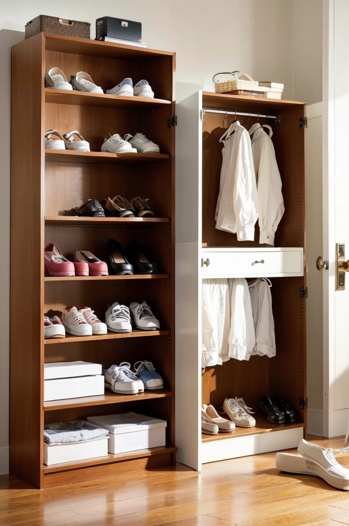 Give me a shoe cabinet made with melamine and that is very real and that does not have shoes on the furniture that does not have objects in the furniture only that the furniture is there