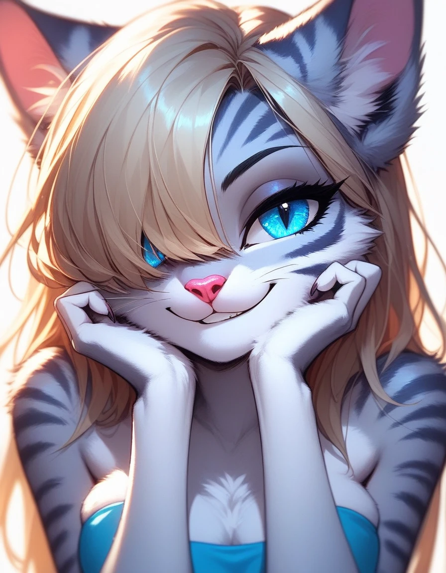 Solo, score_9,score_8_up,score_7_up, source_furry, (Kat, Anthro furry feline girl, adult female, blue eyes, long blonde hair, hair covering one eye, :3, pink nose, wearing blue bandeau, close up, portrait, seductive modeling pose, hands on her face, smirking