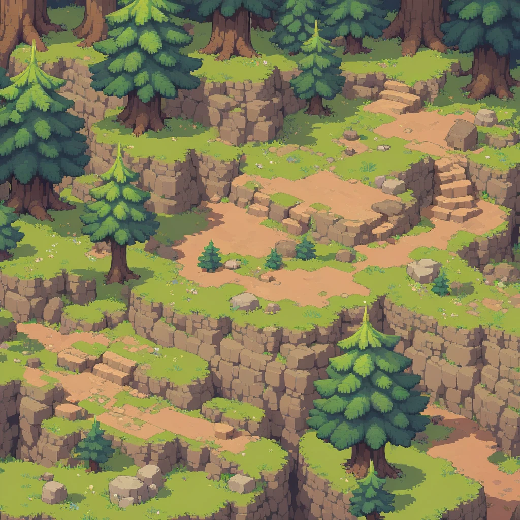 retro video game style,pixelated, vibrant pastel colors,8-bit characters,blocky shapes,sharp lines,detailed shading,classic gaming vibe,nostalgic atmosphere,classic arcade games,masterpiece:1.2,ultra-detailed,illustration style, 2d texture, stone texture, 4 k seamless mud texture, video game texture, dirt texture, tileset, game tiles, grass, trees, rock texture, detailed trees, topdown view, game texture, game art, tileable texture, very detailed cliff texture, intricate stones, top down view, 3/4th perspective