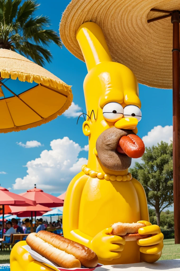 Homer Simpson wearing a straw hat and eating a hot dog