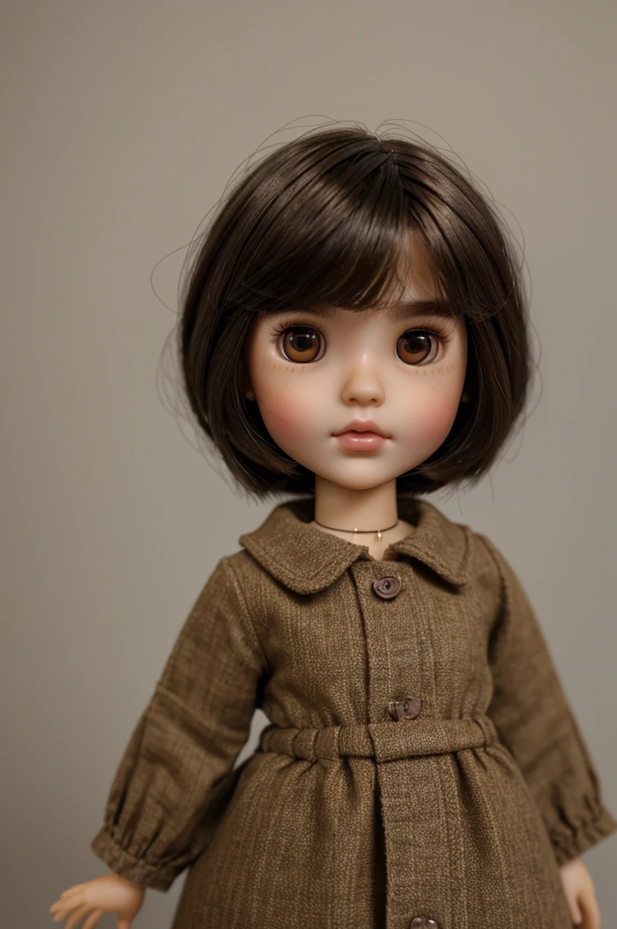 blythe doll, slightly wavy and short hair without bangs, dark brown color, dark brown almond eyes, spherical nose, medium lips, round face with cheeks, light brown skin color,