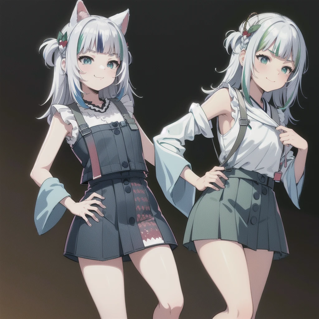 ((masterpiece)), (best quality), expressive eyes, ((perfect face)), highly detailed, heart, (highly detailed eyes), (highly detailed face), ((4K)), ((8K UHD)), (((ultra-high texture quality))),( ultra-high pixel texture), (hyperdetailed), DLSR, RTX, (((HDR))), (Absurdres), ((Japanese text)), (shiny skin), (oily skin), perfect hands, perfect eyes, perfect skin, (((ultra-delicate face))), ((delicate eyes)), double eyelids, beautiful and delicate photo, detailed background, ,
BREAK
(1 cat girl), (cat ears), cat tail , long hair, (neon green hair),cyan hair strand, curly hair, (art supplies) , long straight hair, (light green eyes) ,delicate eyelashes, (big adorable eyes, 🥺), (adult), (mature woman), , (round hips), (small breasts), cute, blushing, (fashion model), (sexy), flirty, (dark red lipstick), (green mascara and eyeliner), (happy, smiling, ☺️, 😳), (excitement) , sneakers, ((smug, laughing))
BREAK
(green sailor Fuku ), sailor fuku, (letter g print design), hair ribbon, sleeveless , (intricate-green sailor Fuku)
BREAK
(green checkered school skirt), skirt, black wooly pantyhose, (intricate-green checkered school skirt)
BREAK
((Looking at viewer)), ((from front)), (90 degrees), ((zoom out)), ((standing on one leg)), (mall), (food stands),shopping mall,clothes shop, (Cute art pieces), studio lightning, lora:add_detail:0.7, (public), (Full background), (lots of kittens)