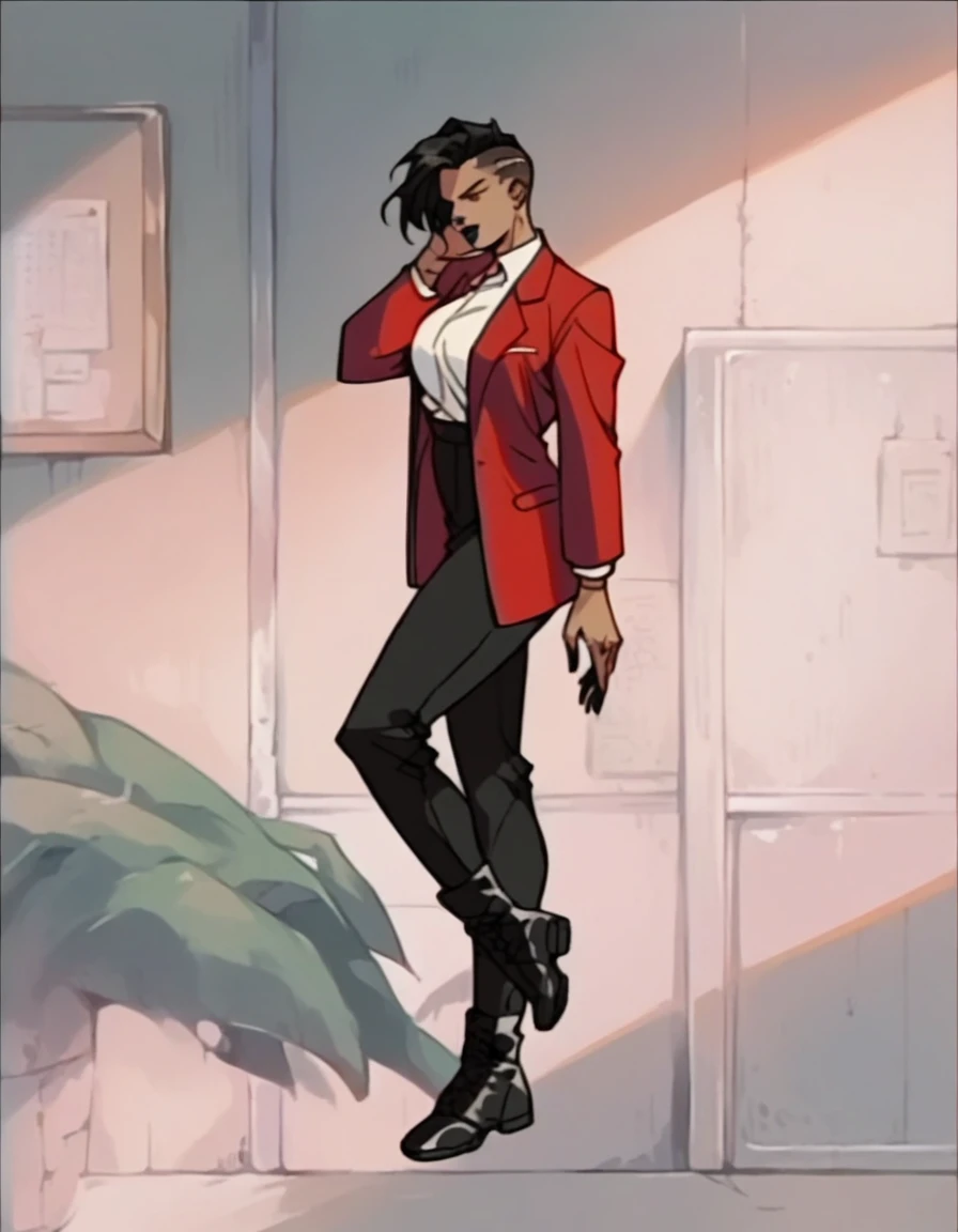 beautyfull strong woman, tall woman,black robotic implants, black woman, red details, brown skin, sidecut big dreads black hair, tomboy, black lipstick, red suit, black boots,