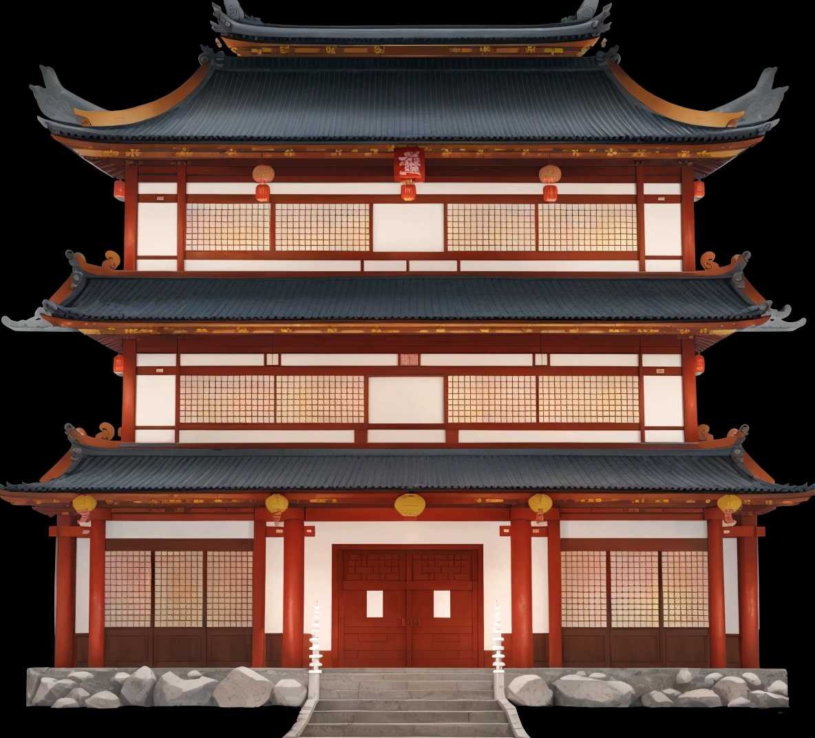 a cartoon illustration of a chinese building with a door and windows, an extremely detailed building, zen temple background, japanese temple, european japanese buildings, japanese house, ancient japanese architecture, digital painting of a pagoda, chinese building, temple background, japanese architecture, japanese temples, background depicting a temple, a temple, inspired by Tōshi Yoshida, temple