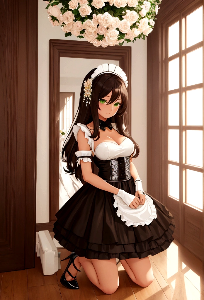 1woman(solo, full body view, frontal view), 30years old, sexy, beautiful, latina, dark tanned skin, dark brown hair, long hair, straight hair, shiny hair, green eyes, big eyes, shy smile, slim build, very long legs, medium firm breasts, perfectly groomed, maid uniform(very short skirt, big cleavage, no panties), maid headdress, black heels, eye contact, facing camera, minimalistic room(white walls, wooden floor, minimalistic furniture, lots of flowers), best resolution, best quality, high quality, anime, ecchi, hentai