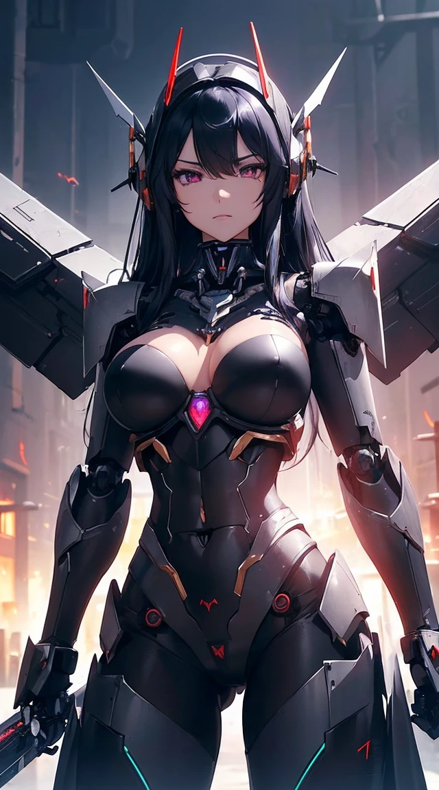 ((Shining lenses on both breasts:1.3))、((Pillars of red light radiate from both chests..:1.3))、((Attack pose:1.6))、((He has a red sword and a long rifle:1.6))、((Battle Scenes:1.8))、((8K)), ((32k)), ((Highest quality)), ((masterpiece)), ((超A high resolution)), ((Tmasterpiece)), ((Halation:1.4))、((Mechaニカルheadgear:1.2))、((Cyber Headphones:1.3))Fine skin, High quality fabric, High-quality metal texture、((Beautiful and dense face))、RAW Photos、Professional, Ultra-fine painting, ((alone)), Beautiful breasts、Highest quality, Very detailed, Very detailed詳細, Finer details, so beautiful, ((Black Knight Robot:1.2)),  (Joint of the machine, Mechanical Limbs:1.3), (The internal structure of the machine is exposed:1.3), (Long black hair:1.1), (Beautiful and huge mechanical breasts)、White Veil, cowboy_shot, Side Focus, headgear, Shiny、(Five Fingers, Four fingers and thumb),Concept Art, Anime fantasy artwork, Detailed fantasy art, (Has light blue-purple hair and black wings,,,,,,), (((Long black hair))), (Mecha:1.6)、Sleek and intimidating design,  (Jet black perfect robot body)、Jet black and reddish purple arms, Symmetrical wings, 8K High Resolution, Detailed Art, 3D rendering of character art in 8K, neat legs, Defined, Defined fingers,((headshot:1.6))