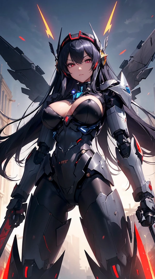 ((Shining lenses on both breasts:1.3))、((Pillars of red light radiate from both chests..:1.3))、((Attack pose:1.6))、((He has a red sword and a long rifle:1.6))、((Battle Scenes:1.8))、((8K)), ((32k)), ((Highest quality)), ((masterpiece)), ((超A high resolution)), ((Tmasterpiece)), ((Halation:1.4))、((Mechaニカルheadgear:1.2))、((Cyber Headphones:1.3))Fine skin, High quality fabric, High-quality metal texture、((Beautiful and dense face))、RAW Photos、Professional, Ultra-fine painting, ((alone)), Beautiful breasts、Highest quality, Very detailed, Very detailed詳細, Finer details, so beautiful, ((Black Knight Robot:1.2)),  (Joint of the machine, Mechanical Limbs:1.3), (The internal structure of the machine is exposed:1.3), (Long black hair:1.1), (Beautiful and huge mechanical breasts)、White Veil, cowboy_shot, Side Focus, headgear, Shiny、(Five Fingers, Four fingers and thumb),Concept Art, Anime fantasy artwork, Detailed fantasy art, (Has light blue-purple hair and black wings,,,,,,), (((Long black hair))), (Mecha:1.6)、Sleek and intimidating design,  (Jet black perfect robot body)、Jet black and reddish purple arms, Symmetrical wings, 8K High Resolution, Detailed Art, 3D rendering of character art in 8K, neat legs, Defined, Defined fingers,((headshot:1.6))
