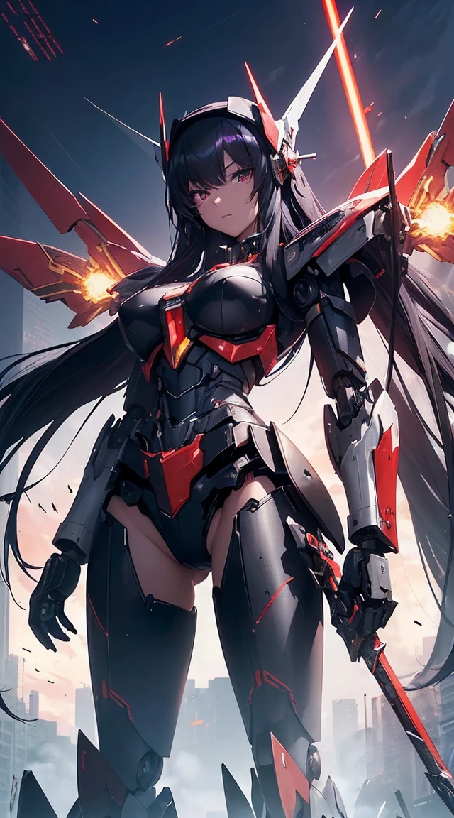 ((Shining lenses on both breasts:1.3))、((Pillars of red light radiate from both chests..:1.3))、((Attack pose:1.6))、((He has a red sword and a long rifle:1.6))、((Battle Scenes:1.8))、((8K)), ((32k)), ((Highest quality)), ((masterpiece)), ((超A high resolution)), ((Tmasterpiece)), ((Halation:1.4))、((Mechaニカルheadgear:1.2))、((Cyber Headphones:1.3))Fine skin, High quality fabric, High-quality metal texture、((Beautiful and dense face))、RAW Photos、Professional, Ultra-fine painting, ((alone)), Beautiful breasts、Highest quality, Very detailed, Very detailed詳細, Finer details, so beautiful, ((Black Knight Robot:1.2)),  (Joint of the machine, Mechanical Limbs:1.3), (The internal structure of the machine is exposed:1.3), (Long black hair:1.1), (Beautiful and huge mechanical breasts)、White Veil, cowboy_shot, Side Focus, headgear, Shiny、(Five Fingers, Four fingers and thumb),Concept Art, Anime fantasy artwork, Detailed fantasy art, (Has light blue-purple hair and black wings,,,,,,), (((Long black hair))), (Mecha:1.6)、Sleek and intimidating design,  (Jet black perfect robot body)、Jet black and reddish purple arms, Symmetrical wings, 8K High Resolution, Detailed Art, 3D rendering of character art in 8K, neat legs, Defined, Defined fingers,((headshot:1.6))