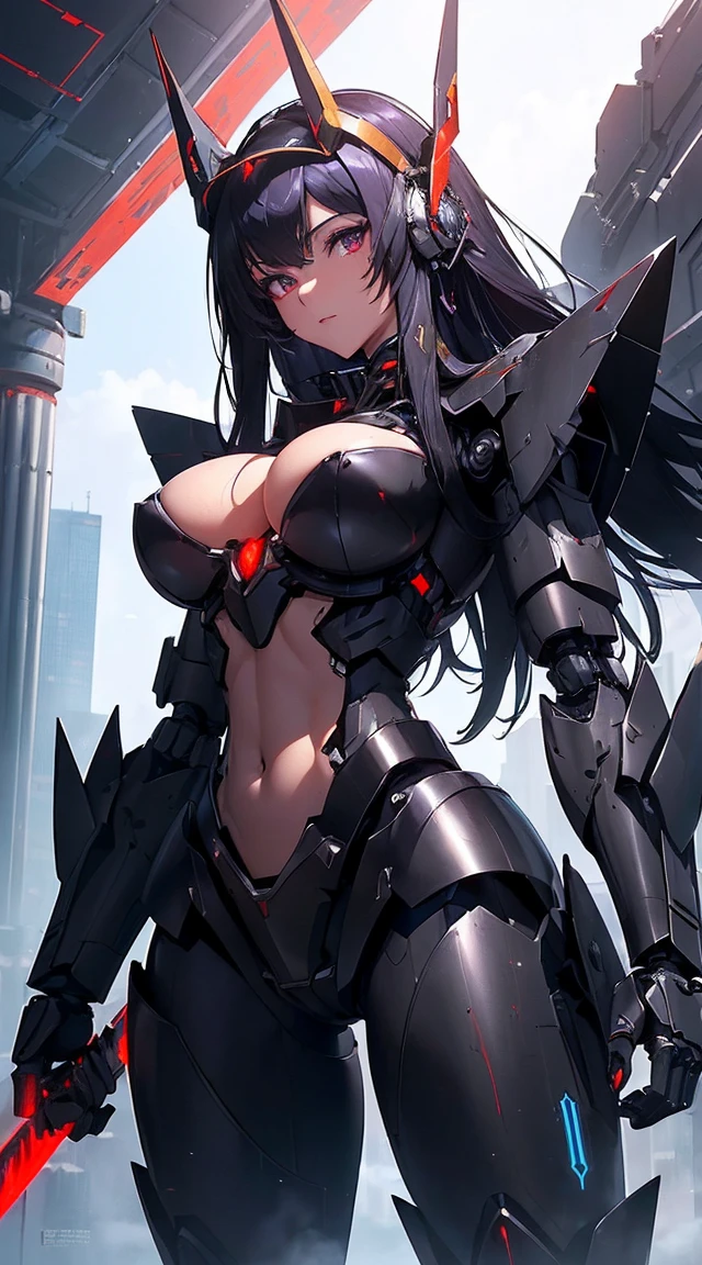 ((Shining lenses on both breasts:1.3))、((Pillars of red light radiate from both chests..:1.3))、((Attack pose:1.6))、((He has a red sword and a long rifle:1.6))、((Battle Scenes:1.8))、((8K)), ((32k)), ((Highest quality)), ((masterpiece)), ((超A high resolution)), ((Tmasterpiece)), ((Halation:1.4))、((Mechaニカルheadgear:1.2))、((Cyber Headphones:1.3))Fine skin, High quality fabric, High-quality metal texture、((Beautiful and dense face))、RAW Photos、Professional, Ultra-fine painting, ((alone)), Beautiful breasts、Highest quality, Very detailed, Very detailed詳細, Finer details, so beautiful, ((Black Knight Robot:1.2)),  (Joint of the machine, Mechanical Limbs:1.3), (The internal structure of the machine is exposed:1.3), (Long black hair:1.1), (Beautiful and huge mechanical breasts)、White Veil, cowboy_shot, Side Focus, headgear, Shiny、(Five Fingers, Four fingers and thumb),Concept Art, Anime fantasy artwork, Detailed fantasy art, (Has light blue-purple hair and black wings,,,,,,), (((Long black hair))), (Mecha:1.6)、Sleek and intimidating design,  (Jet black perfect robot body)、Jet black and reddish purple arms, Symmetrical wings, 8K High Resolution, Detailed Art, 3D rendering of character art in 8K, neat legs, Defined, Defined fingers,((headshot:1.6))