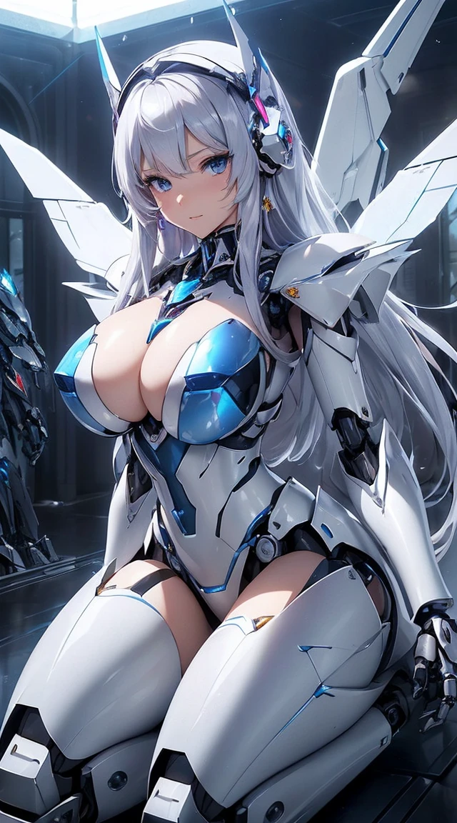 (Sit with one knee on the machine:1.6)、(Full body description:1.3)、((Shining lenses on both breasts:1.3))、((Blue pillars of light are emanating from both chests.:1.3))、smile、((8K)), ((32k)), ((Highest quality)), ((masterpiece)), ((超A high resolution)), ((Tmasterpiece)), ((Halation:1.4))、((Mechaニカルheadgear:1.2))、((Cyber Headphones:1.3))、Fine skin, High quality fabric, Fine metal texture、((Beautiful and dense face))、RAW Photos、Professional, Ultra-fine painting, ((alone)), Beautiful breasts、Highest quality, Very detailed, Very detailed詳細, Finer details, so beautiful, ((Princess Knight Robot:1.2)),  (Joints of machines, Mechanical Limbs:1.3), (The internal structure of the machine is exposed:1.3), (Long silver hair:1.1), (Beautiful and huge mechanical breasts)、White Veil, cowboy_shot, Side Focus, headgear, Shiny、(Five Fingers, Four fingers and thumb),Concept Art, Anime fantasy artwork, Detailed fantasy art, (with pale blue-violet hair and large white wings,,,,,,,), (((Long silver hair))), (Mecha:1.6)、Sleek and intimidating design, ((Commander-in-Chief&#39;arm)), (Perfect robot body)、純白と青紫armまたは, Symmetrical wings, 8K high quality, detailed art, 3D rendering of character art in 8K, neat legs, Defined, Defined fingers,