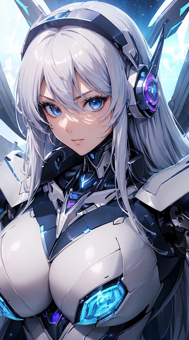 ((Extreme close up:1.6))、(((Lenses shining on both breasts:1.3)))、((Blue pillars of light radiate from both of his chests..:1.3))、break、(((Dynamic pose:1.8)))、smile、((8K)), ((32k)), ((Highest quality)), ((masterpiece)), ((超A high resolution)), ((Tmasterpiece)), ((Halation:1.4))、((Mechaニカルheadgear:1.2))、((Cyber Headphones:1.3))Fine skin, High quality fabric, High-quality metal texture、((Beautiful and dense face))、RAW Photos、Professional, Ultra-fine painting, ((alone)), Beautiful breasts、Highest quality, Very detailed, Very detailed詳細, Finer details, so beautiful, ((Princess Knight Robot:1.2)),  (Joint of the machine, Mechanical Limbs:1.3), (The internal structure of the machine is exposed:1.3), (Long silver hair:1.1), (Beautiful and huge mechanical breasts)、White Veil, cowboy_shot, Side Focus, headgear, Shiny、(Five Fingers, Four fingers and thumb),Concept Art, Anime fantasy artwork, Detailed fantasy art, (with pale blue-violet hair and large white wings,,,,,,,,), (((Long silver hair))), (Mecha:1.6)、Sleek and intimidating design, ((Commander-in-Chief&#39;arm)), (Perfect robot body)、純白と青紫のarmまたは, Symmetrical wings, 8K High Resolution, Detailed Art, 3D rendering of character art in 8K, neat legs, Defined, Defined fingers,((headshot:1.3))