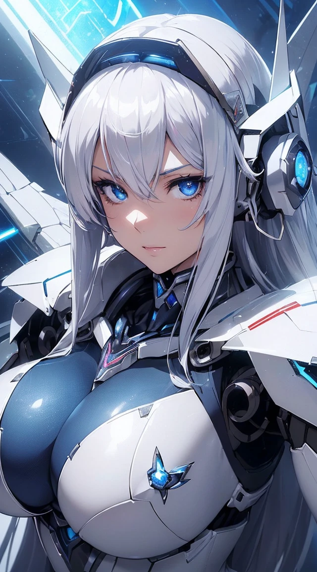 ((Extreme close up:1.6))、(((Lenses shining on both breasts:1.3)))、((Blue pillars of light radiate from both of his chests..:1.3))、break、(((Dynamic pose:1.8)))、smile、((8K)), ((32k)), ((Highest quality)), ((masterpiece)), ((超A high resolution)), ((Tmasterpiece)), ((Halation:1.4))、((Mechaニカルheadgear:1.2))、((Cyber Headphones:1.3))Fine skin, High quality fabric, High-quality metal texture、((Beautiful and dense face))、RAW Photos、Professional, Ultra-fine painting, ((alone)), Beautiful breasts、Highest quality, Very detailed, Very detailed詳細, Finer details, so beautiful, ((Princess Knight Robot:1.2)),  (Joint of the machine, Mechanical Limbs:1.3), (The internal structure of the machine is exposed:1.3), (Long silver hair:1.1), (Beautiful and huge mechanical breasts)、White Veil, cowboy_shot, Side Focus, headgear, Shiny、(Five Fingers, Four fingers and thumb),Concept Art, Anime fantasy artwork, Detailed fantasy art, (with pale blue-violet hair and large white wings,,,,,,,,), (((Long silver hair))), (Mecha:1.6)、Sleek and intimidating design, ((Commander-in-Chief&#39;arm)), (Perfect robot body)、純白と青紫のarmまたは, Symmetrical wings, 8K High Resolution, Detailed Art, 3D rendering of character art in 8K, neat legs, Defined, Defined fingers,((headshot:1.3))