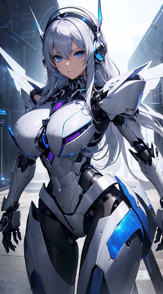 ((Intense action pose:1.6))、((Shining lenses on both breasts:1.3))、((Blue pillars of light are emanating from both chests.:1.3))、smile、((8K)), ((32k)), ((Highest quality)), ((masterpiece)), ((超A high resolution)), ((Tmasterpiece)), ((Halation:1.4))、((Mechaニカルheadgear:1.2))、((Cyber Headphones:1.3))、Fine skin, High quality fabric, Fine metal texture、((Beautiful and dense face))、RAW Photos、Professional, Ultra-fine painting, ((alone)), Beautiful breasts、Highest quality, Very detailed, Very detailed詳細, Finer details, so beautiful, ((Princess Knight Robot:1.2)), (Joints of machines, Mechanical Limbs:1.3), (The internal structure of the machine is exposed:1.3), (Long silver hair:1.1), (Beautiful and huge mechanical breasts)、White Veil, cowboy_shot, Side Focus, headgear, Shiny、(Five Fingers, Four fingers and thumb),Concept Art, Anime fantasy artwork, Detailed fantasy art, (with pale blue-violet hair and large white wings,,,,,,,), (((Long silver hair))), (Mecha:1.6)、Sleek and intimidating design, ((Commander-in-Chief'arm)), (Perfect robot body)、純白と青紫armまたは, Symmetrical wings, 8K high quality, detailed art, 3D rendering of character art in 8K, neat legs, Defined, Defined fingers,