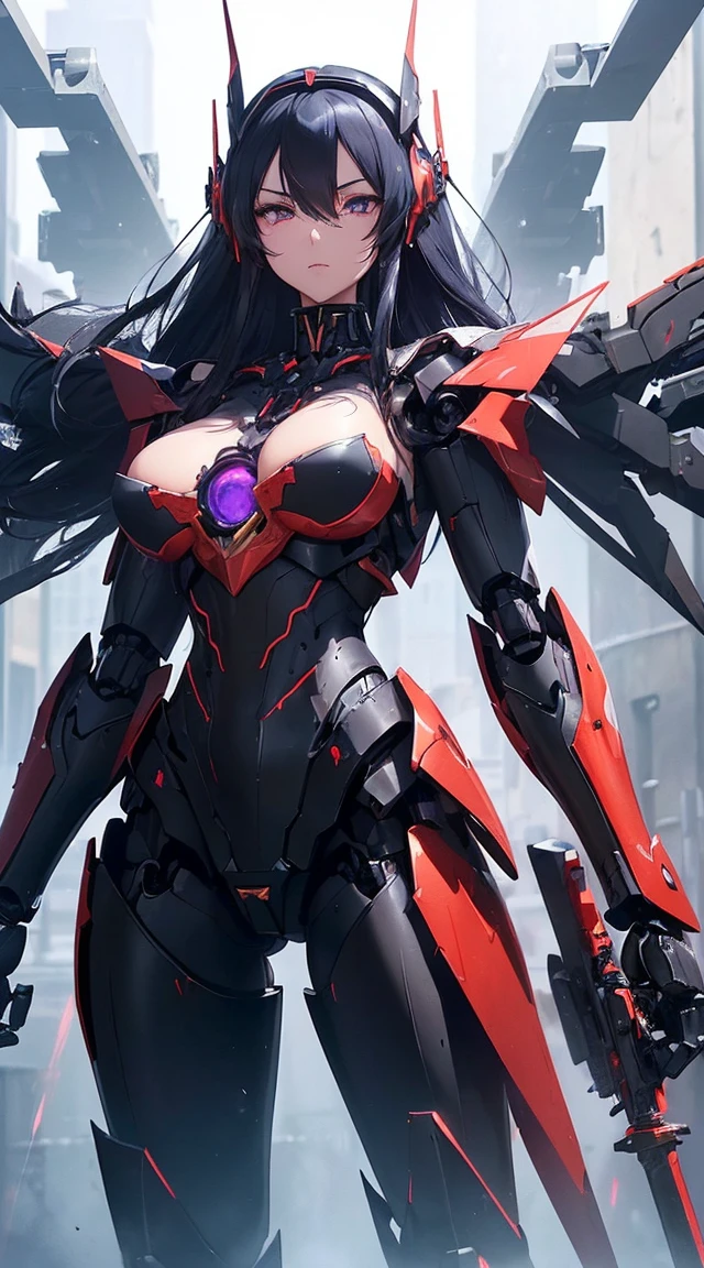 ((Shining lenses on both breasts:1.3))、((Pillars of red light radiate from both chests..:1.3))、((Attack pose:1.6))、((He has a red sword and a long rifle:1.6))、((Battle Scenes:1.8))、((8K)), ((32k)), ((Highest quality)), ((masterpiece)), ((超A high resolution)), ((Tmasterpiece)), ((Halation:1.4))、((Mechaニカルheadgear:1.2))、((Cyber Headphones:1.3))Fine skin, High quality fabric, High-quality metal texture、((Beautiful and dense face))、RAW Photos、Professional, Ultra-fine painting, ((alone)), Beautiful breasts、Highest quality, Very detailed, Very detailed詳細, Finer details, so beautiful, ((Black Knight Robot:1.2)), (Joint of the machine, Mechanical Limbs:1.3), (The internal structure of the machine is exposed:1.3), (Long black hair:1.1), (Beautiful and huge mechanical breasts)、White Veil, cowboy_shot, Side Focus, headgear, Shiny、(Five Fingers, Four fingers and thumb),Concept Art, Anime fantasy artwork, Detailed fantasy art, (Has light blue-purple hair and black wings,,,,,,), (((Long black hair))), (Mecha:1.6)、Sleek and intimidating design, (Jet black perfect robot body)、Jet black and reddish purple arms, Symmetrical wings, 8K High Resolution, Detailed Art, 3D rendering of character art in 8K, neat legs, Defined, Defined fingers,((headshot:1.6))