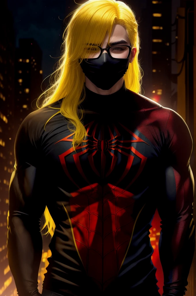 Yellow hair one side human and the other side Spiderman mask glasses black shirt