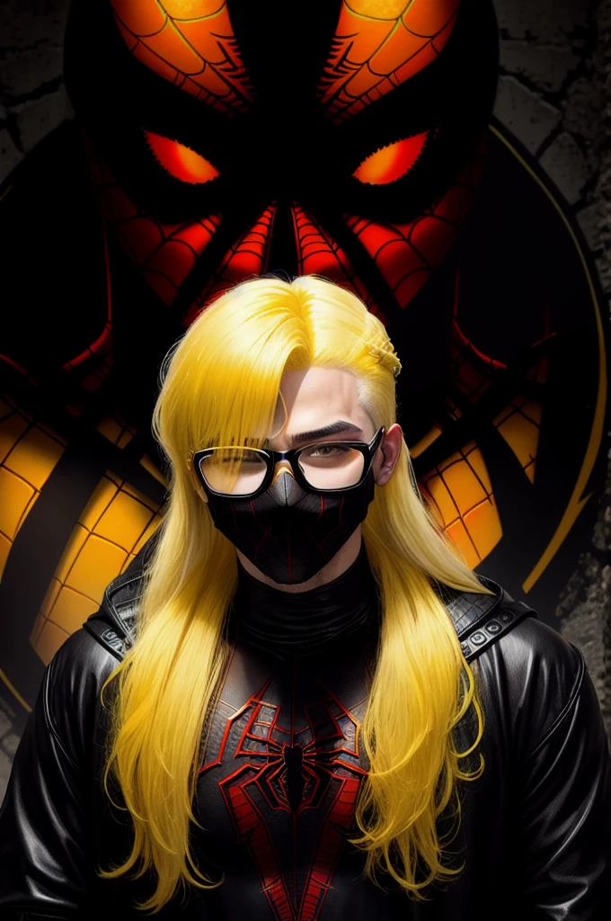 Yellow hair one side human and the other side Spiderman mask glasses black shirt