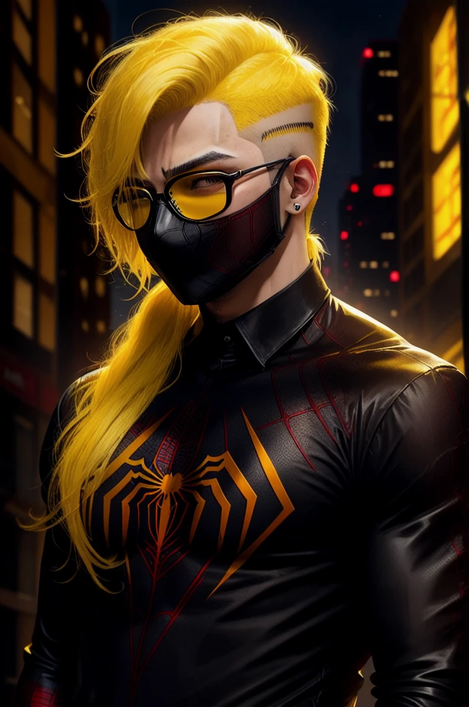 Yellow hair one side human and the other side Spiderman mask glasses black shirt