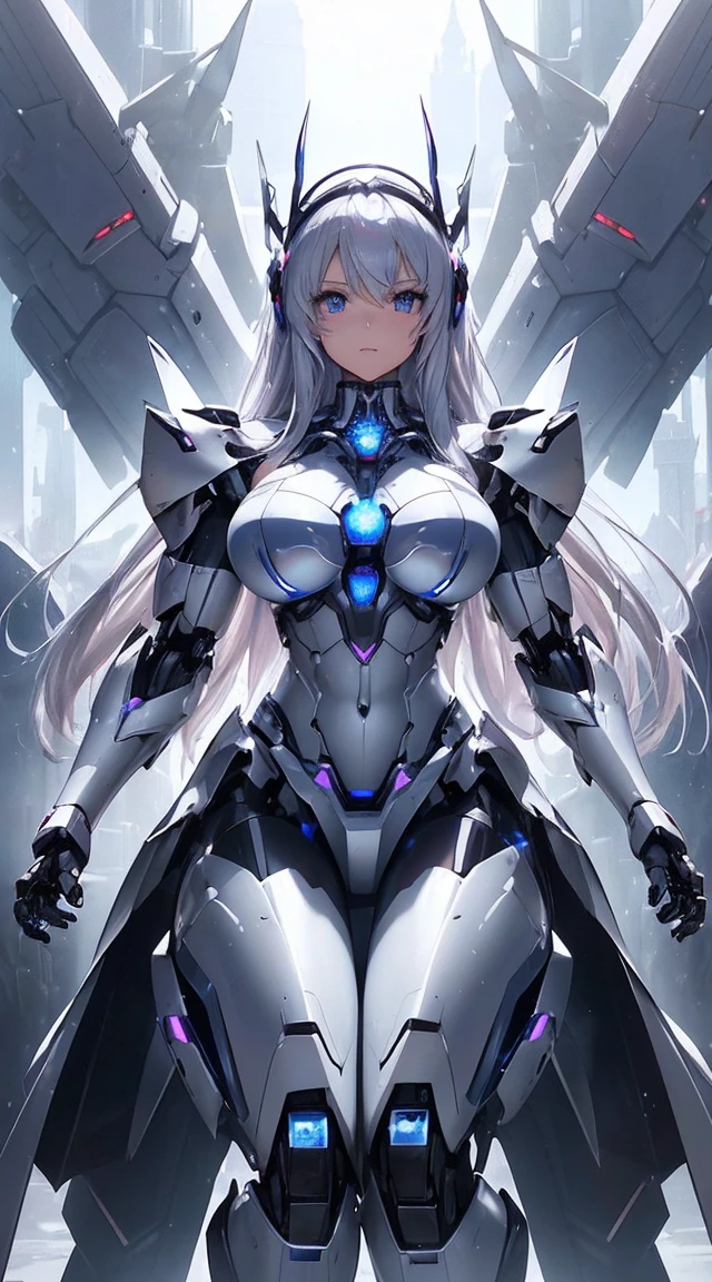 (Sit with one knee on the machine:1.6)、(Full body description:1.3)、((Shining lenses on both breasts:1.3))、((Blue pillars of light are emanating from both chests.:1.3))、smile、((8K)), ((32k)), ((Highest quality)), ((masterpiece)), ((超A high resolution)), ((Tmasterpiece)), ((Halation:1.4))、((Mechaニカルheadgear:1.2))、((Cyber Headphones:1.3))、Fine skin, High quality fabric, Fine metal texture、((Beautiful and dense face))、RAW Photos、Professional, Ultra-fine painting, ((alone)), Beautiful breasts、Highest quality, Very detailed, Very detailed詳細, Finer details, so beautiful, ((Princess Knight Robot:1.2)), (Joints of machines, Mechanical Limbs:1.3), (The internal structure of the machine is exposed:1.3), (Long silver hair:1.1), (Beautiful and huge mechanical breasts)、White Veil, cowboy_shot, Side Focus, headgear, Shiny、(Five Fingers, Four fingers and thumb),Concept Art, Anime fantasy artwork, Detailed fantasy art, (with pale blue-violet hair and large white wings,,,,,,,), (((Long silver hair))), (Mecha:1.6)、Sleek and intimidating design, ((Commander-in-Chief'arm)), (Perfect robot body)、純白と青紫armまたは, Symmetrical wings, 8K high quality, detailed art, 3D rendering of character art in 8K, neat legs, Defined, Defined fingers,