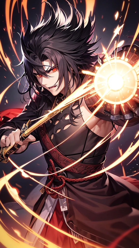 **name:** Kurogami
**Description:**
Kurogami is an imposing and mysterious swordsman, Known for his legendary swordsmanship and half-human nature, half demon. His deep, intense eyes reflect both the fury of his demonic heritage and the compassion of his humanity.. His night-black hair is adorned with red highlights that shine in moments of combat..
**tenue:**
He wears traditional samurai armor, but with subtle demonic details, like sinuous patterns and shadowy colors that reflect your duality. The sword he carries is an ancient katana with a blade as black as ebony., pulsating with a contained demonic energy.
**Personalidade:**
Kurogami is calm and reserved most of the time, preferring the solitude of mountains and forests. However, when faced with injustice or threat to the innocent, his demonic fury emerges, transforming him into a ruthless and feared warrior.
**history:**
Born from the forbidden union between a human samurai and a demonic goddess, Kurogami was rejected by both societies. He trained tirelessly in the sword arts to find his place in the world, Seeking redemption through protecting those who cannot defend themselves. Your journey takes you to face dark creatures and other legendary swordsmen, as he struggles to reconcile his divided heritage and discover the true meaning of his existence.