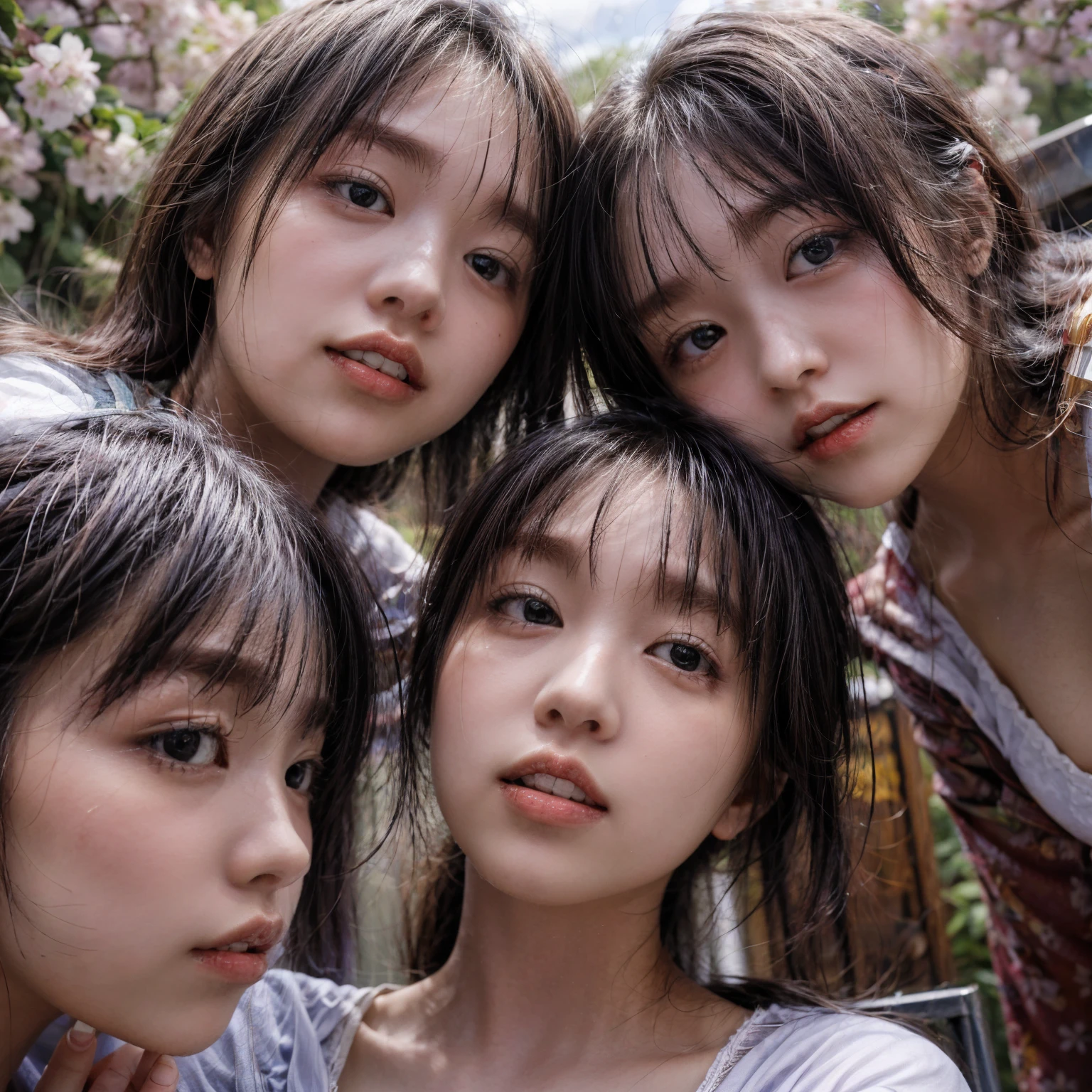 Highest_quality, High resolution, masterpiece, High Resolution, (Accutance:0.85), (Realistic and realistic、And raw々New touch:1.37), (Group photo:1.6), ((Three high school girls standing around the camera, looking up)), Panorama, (Nogizaka face variations:1.4), { Looking down at the camera | (kiss face to face) }, (((close:1.2, Face closeup from below:1.4))), (((Sky Background)) With Cherry Blossoms) . BREAK Highly detailed KAWAII face variations, Captivating Gaze, With a sharp eye (Shining Highlights:1.32), Long eyelashes、Glossy red lips with beautiful details, Coquettish Tongue, Rosy Cheeks, Shiny ivory skin . { (Dynamic expression of joy) | (:d) | (kiss) }, Childish, school uniform, { Different types of hair colors | bangs | Hime cut  | Bowl Cut } 