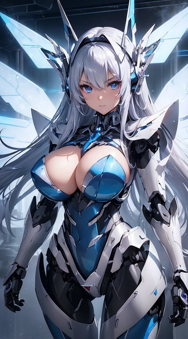 ((Intense action pose:1.6))、((Shining lenses on both breasts:1.3))、((Blue pillars of light are emanating from both chests.:1.3))、smile、((8K)), ((32k)), ((Highest quality)), ((masterpiece)), ((超A high resolution)), ((Tmasterpiece)), ((Halation:1.4))、((Mechaニカルheadgear:1.2))、((Cyber Headphones:1.3))、Fine skin, High quality fabric, Fine metal texture、((Beautiful and dense face))、RAW Photos、Professional, Ultra-fine painting, ((alone)), Beautiful breasts、Highest quality, Very detailed, Very detailed詳細, Finer details, so beautiful, ((Princess Knight Robot:1.2)), (Joints of machines, Mechanical Limbs:1.3), (The internal structure of the machine is exposed:1.3), (Long silver hair:1.1), (Beautiful and huge mechanical breasts)、White Veil, cowboy_shot, Side Focus, headgear, Shiny、(Five Fingers, Four fingers and thumb),Concept Art, Anime fantasy artwork, Detailed fantasy art, (with pale blue-violet hair and large white wings,,,,,,,), (((Long silver hair))), (Mecha:1.6)、Sleek and intimidating design, ((Commander-in-Chief'arm)), (Perfect robot body)、純白と青紫armまたは, Symmetrical wings, 8K high quality, detailed art, 3D rendering of character art in 8K, neat legs, Defined, Defined fingers,