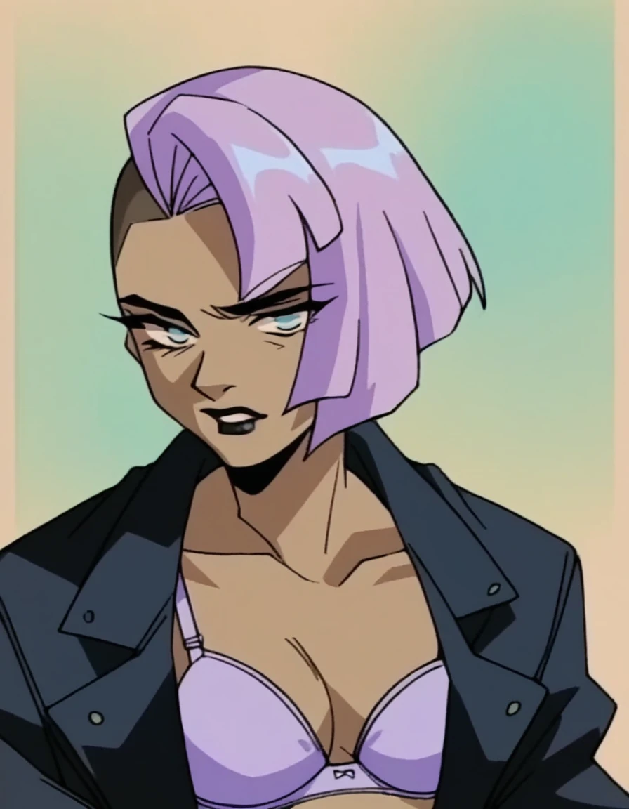 beautyfull slender woman, tall woman, lilac details, brown skin, sidecut big lilac hair, black lipstick, black jacket, purple bra