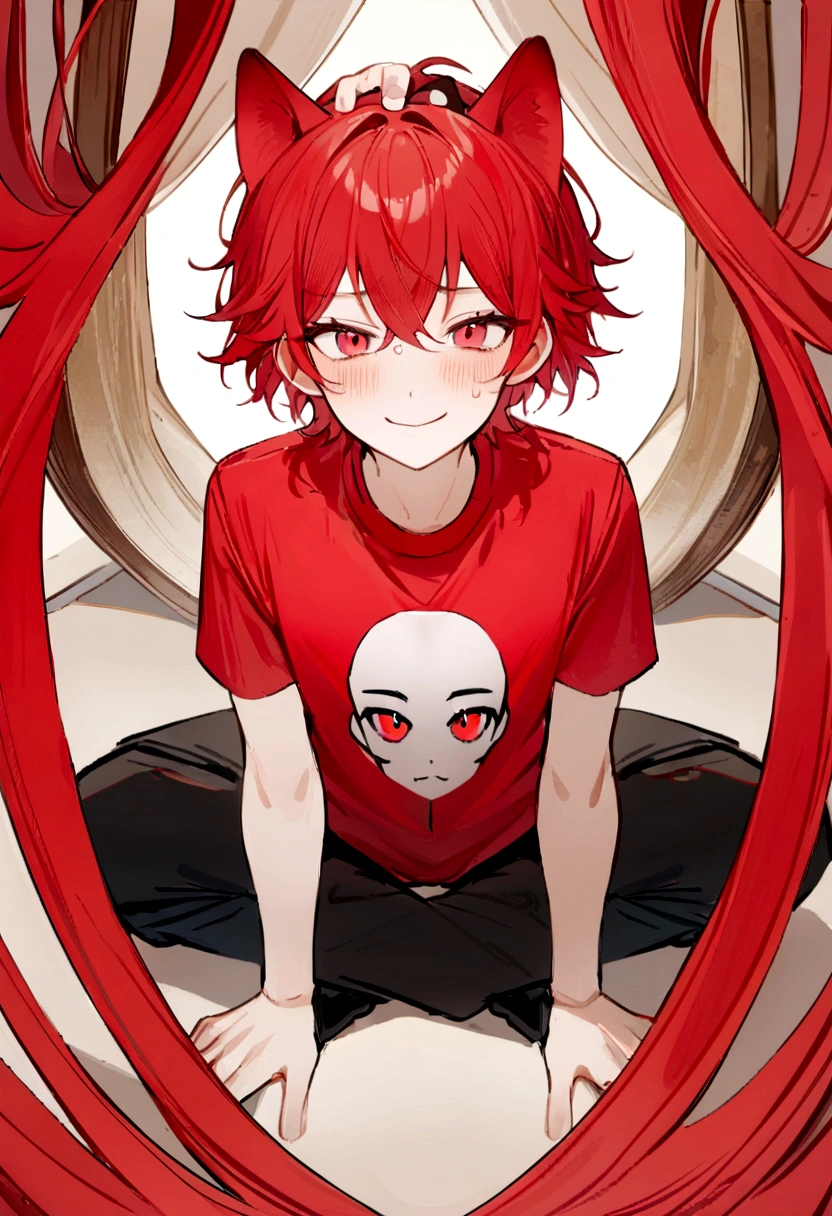 (best qualityer, work of art), (1 boy, above all, face with gentle expression, crimson red eyes, social t-shirt, executive outfit) open field, long red hair and a pair of feline ears on top of her head