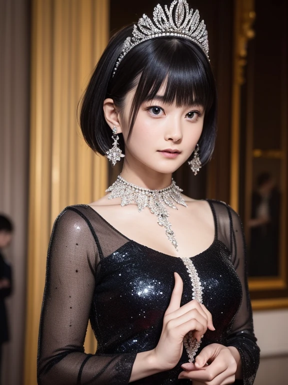 (Ultra-high resolution), (masterpiece), (Attention to detail), (high quality), (最high quality), ((Upper Body Shot)) , One Girl, Medieval women, ((Queen)), modern princess, Stylish dresses, Bobcut, simple tiara, Elegant Jewelry, Glittering earrings, Royal coat of arms, Refined beauty, Minimalist, Sense of luxury, Charisma, grace, Modern Palace, Crystal decoration, stylish ambiance ,Blunt bangs, Black Hair,