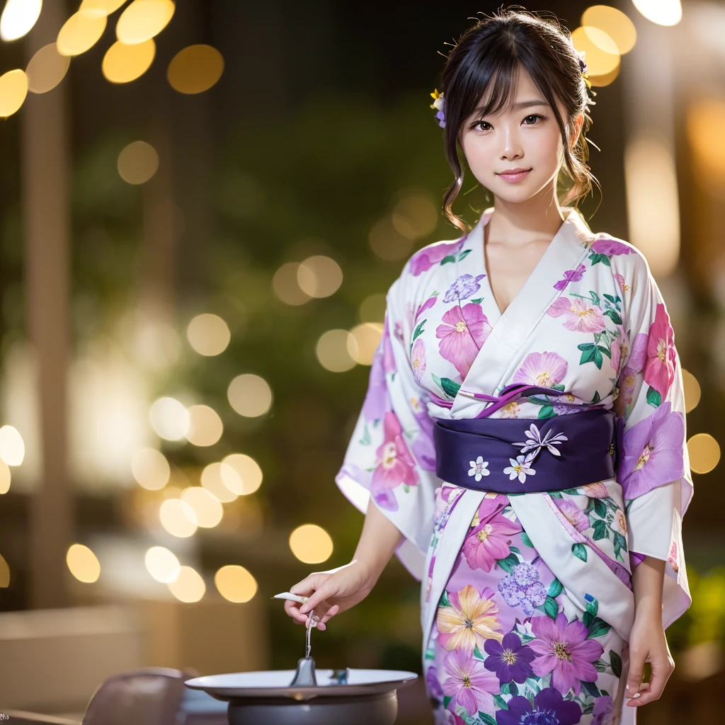 (Tabletop, Highest quality:1.4), ,The most beautiful in the world, 8K, 85mm, Absurd, (Floral Yukata:1.4), Upper body, Exposing the breasts、 Violet, Gardenias, Delicate girl, alone, night, View your viewers, Upper Body, Film Grain, chromatic aberration, Sharp focus, Face Light, Professional Lighting, Sophisticated, (smile:0.4), Cleavage, (Simple Background, Bokeh Background:1.2),