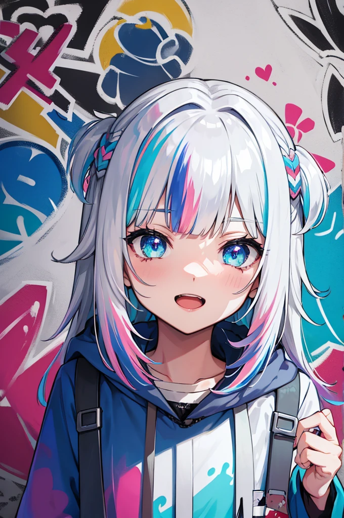 masterpiece, high quality, highres, absurdres, ultra-detailed, 8k, 1girl, platinum grey hair, blue hair, multicolored hair, gradient hair, looking at viewer, colorful eyes, colorful hoodie, (graffiti murals wall background:1.15), brilliant colorful paintings, bloom, portrait, open mouth, waist bag, against wall, bangs, shadow, reflection, Graffiti face, colourful eyes, open mouth, yandere expression, smile, look at viewer